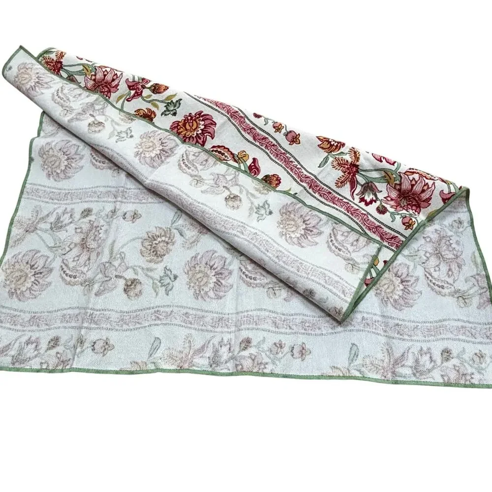 Vintage Cloth Napkins (4) cream pink green floral cottage chic Jacobean flowers